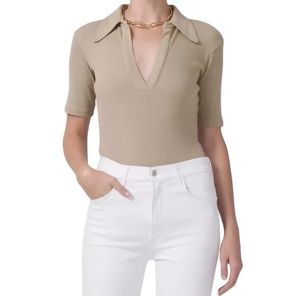 Citizens of Humanity Liu Organic Cotton Ribbed Polo Collared Bodysuit Tan XS - Picture 1 of 8